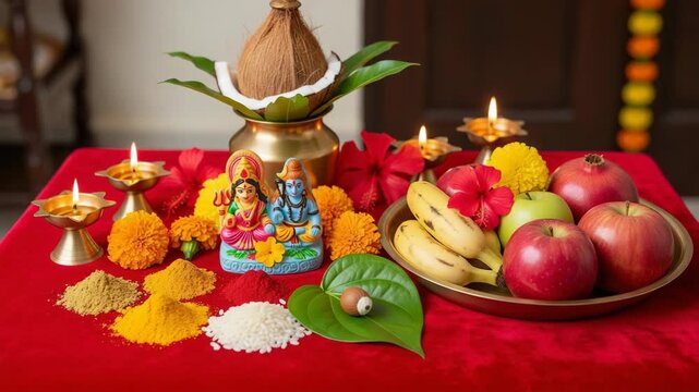 Varaha Jayanti  Hartalika Teej  Ganesh Chaturthi  Samvatsari Balarama Jayanti Hindu Festival Puja Preparations with Idols  Flowers  and Fruits