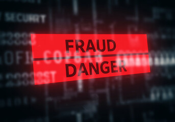 A "Fraud Danger" warning alert in a red box on a blurry digital code background. Represents cybersecurity threats, scams, and hacking.

