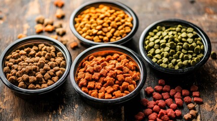 Fototapeta premium Four bowls of pet food on a wooden table.