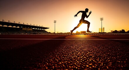 Dynamic runner silhouetted against vibrant sunset sprinting for the win on track and field
