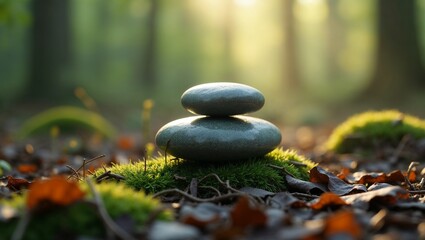 Balanced stones on mossy ground in sunlit forest
