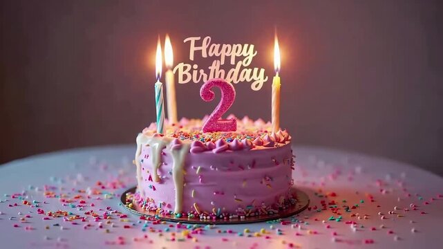 Pink birthday cake with colorful sprinkles and number 2 candle, Happy Birthday topper and festive lighting
