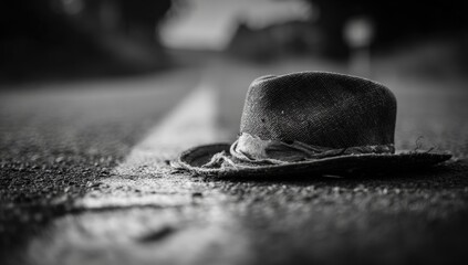 Worn hat on a dark road