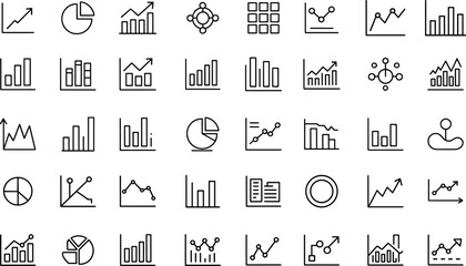 Corporate Graph Outline Icon Set – Professional thin line chart icons for dashboards, reports, and infographics. Includes bar charts, line graphs, pie diagrams, and trend analysis. 
