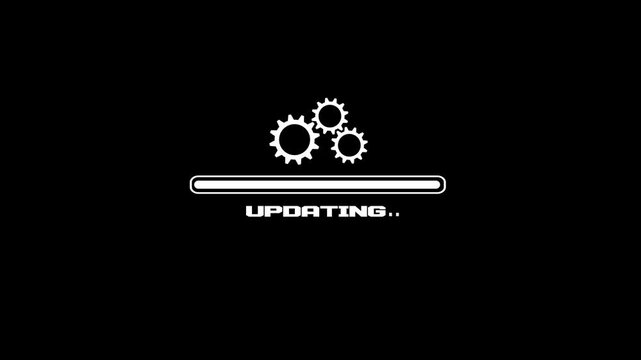 Updating progress bar animation with rotating gear icons on black background, system software update concept