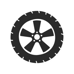 Fototapeta premium Black car tire icon on white background: wheel, rubber, spoke, circular symbol