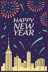 Happy New Year celebration with fireworks over city skyline