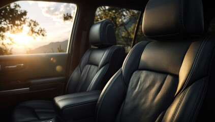 Interior of a vehicle, leather seats, sunset view (1)