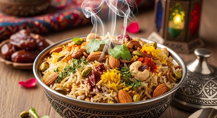Steaming fragrant biryani rice bowl with almonds and pistachios, an elegant Middle Eastern cuisine
