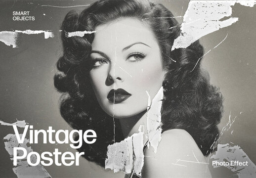 Vintage Poster Effect Mockup Template, Torn Old Paper Grunge Overlay Texture & Image Filter