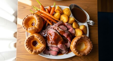 Classic roast dinner with beef, gravy, Yorkshire puddings, potatoes, and carrots on a white plate