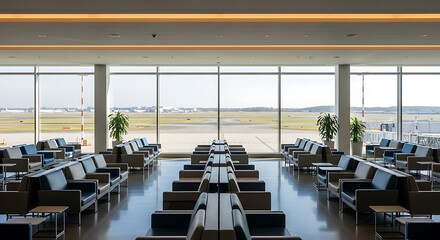 Bright, contemporary airport terminal lounge ready for travelers with comfortable seating and runway views