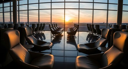 Relaxing airport lounge chairs offer sunset views for travelers awaiting flight departure
