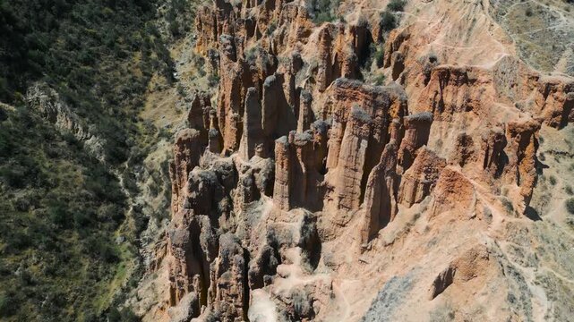 Impressive drone view of hoodoo rock formations in Huancayo Peru.