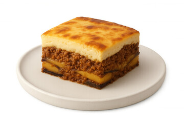 Greek moussaka layering eggplant, seasoned ground meat, topped with golden b&eacute;chamel sauce, presented on pristine white ceramic plate