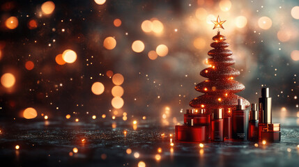 Luxury cosmetic products forming a christmas tree shape with lights and bokeh effect on a dark wooden floor, perfect for christmas advertising campaigns