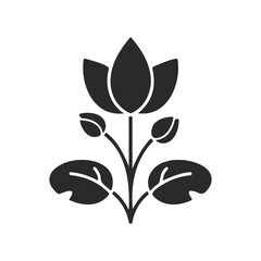 Black silhouette of stylized flower with buds and leaves on white background