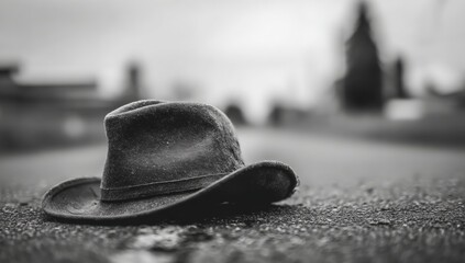 A worn hat rests on a road in grayscale