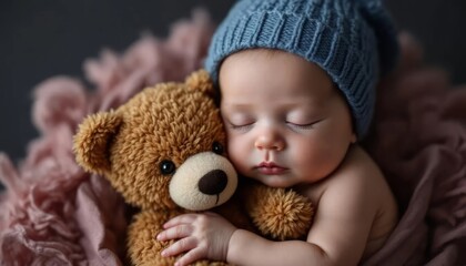 Newborn baby sleeping with teddy bear