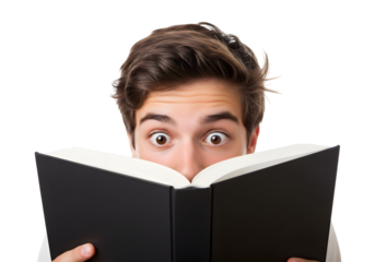 Young Man Shocked by Content of Open Book While Staring Wide-Eyed at the Camera