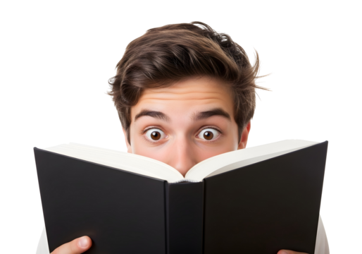 Young Man Shocked by Content of Open Book While Staring Wide-Eyed at the Camera