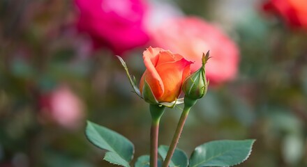 Orange rose bloom with buds and green foliage