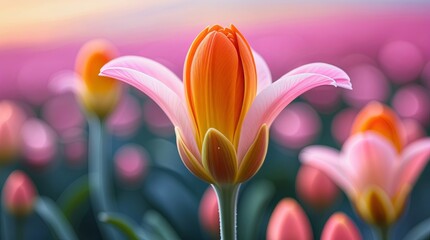 Orange tulip blooms in spring garden
