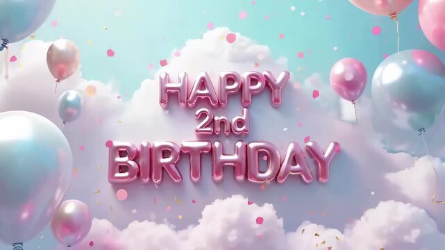 Pastel HAPPY 2nd BIRTHDAY balloon text floating among clouds in bright sky with soft celebratory atmosphere
