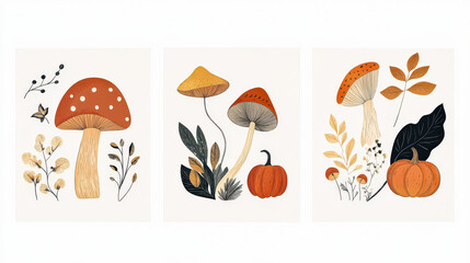 Naklejka premium Three paintings of mushrooms and pumpkins