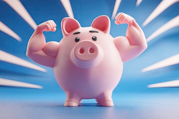 Strong piggy bank flexing muscles, financial strength concept, blue backdrop