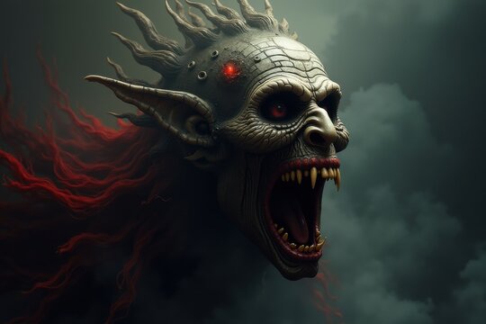 Terrifying Monster with Red Eyes and Flowing Red Hair