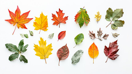 Collection of autumn leaves are spread out on a white background