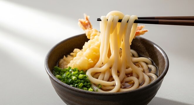Savor delicious tempura udon noodles lifted by chopsticks, garnished with fresh green onions.