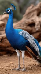 Peacock standing gracefully on the ground near a natural backdrop during a sunny day in a wildlife sanctuary