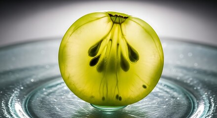 Vibrant green gooseberry slice backlit on glass, revealing intricate seed details and texture