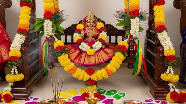 Vibrant Hartalika Teej Celebration Goddess Parvati Swing Decoration with Flowers  Incense  and Rangoli