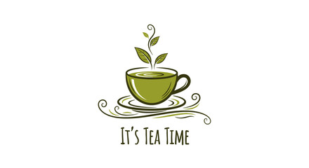 Hand-drawn logo of a green teacup with a sprouting plant, symbolizing natural herbal beverages and a refreshing break