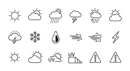 Modern line art vector icons for various weather conditions and daily forecast elements, including sun, clouds, rain, wind, snow, and UV indicators, ideal for digital interfaces