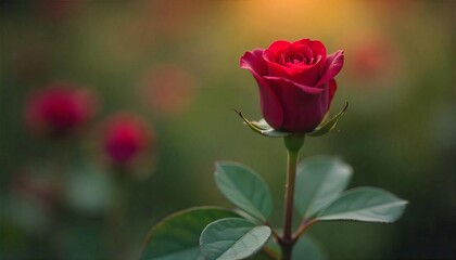 Red rose bloom with green leaves and blurred background