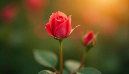 Red rose bloom with buds and green foliage