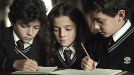 Three schoolchildren in neat uniforms concentrate on writing at a desk, warm classroom lighting, calm and studious mood, ideal for education, tutoring, learning apps, and back-to-school promotions.