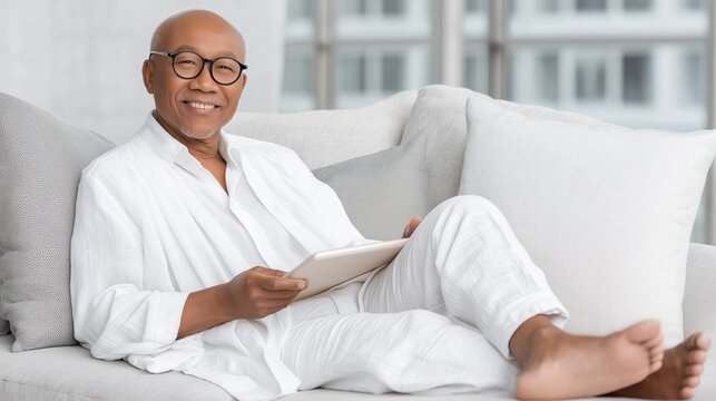 Cheerful senior man relaxing on a cozy sofa, using a tablet at home. Bright, soft light and neutral decor convey warmth and trust, ideal for healthcare, finance, and lifestyle advertising.