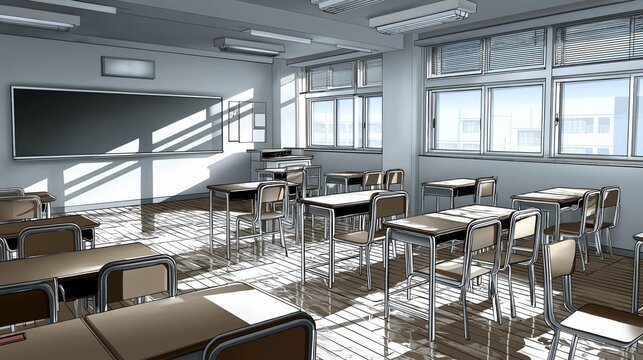 Sunlit empty classroom with neat rows of desks, chalkboard, and large windows casting crisp shadows. Ideal for education, training, back to school campaigns, schedules, or academic branding.