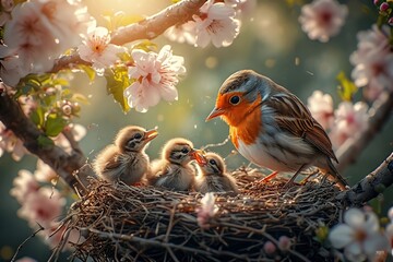 Robin feeding chicks in nest among blossoming tree branches