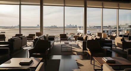 Luxurious airport lounge offers stunning cityscape and runway views with comfortable seating for travelers