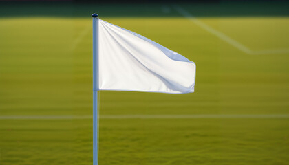 Corner flag waving in the wind on a green football pitch, soft evening light and blurred field lines, mood of anticipation and fair play, concept of match day, teamwork, precision, boundaries