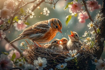 Robin feeding chicks in nest springtime