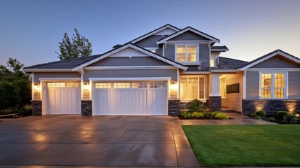 A modern suburban home at dusk, showcasing elegant architecture with warm lights illuminating the facade, surrounded by a well-manicured lawn and driveway