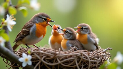 Robin feeding chicks in nest springtime