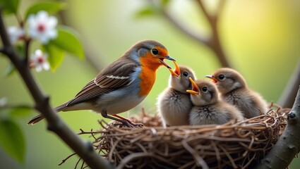 Robin feeding chicks in nest springtime